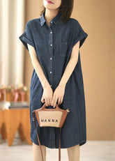 Navy Solid Color Peter Pan Collar Button Cotton Denim Dresses Short Sleeve